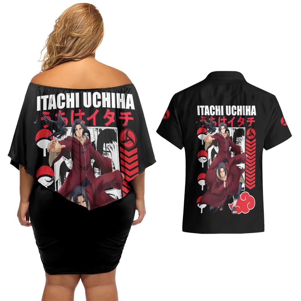 Uchiha Itachi V2 Naruto Couples Matching Off Shoulder Short Dress and Hawaiian Shirt Anime Style - The Mazicc