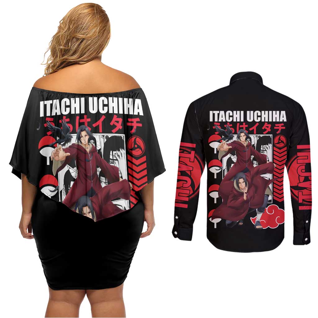 Uchiha Itachi V2 Naruto Couples Matching Off Shoulder Short Dress and Long Sleeve Button Shirt Anime Style - The Mazicc