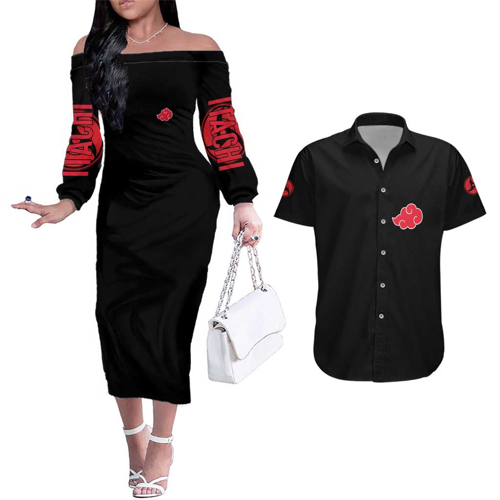 Uchiha Itachi V2 Naruto Couples Matching Off The Shoulder Long Sleeve Dress and Hawaiian Shirt Anime Style - The Mazicc