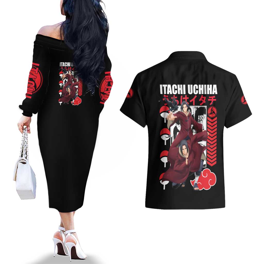 Uchiha Itachi V2 Naruto Couples Matching Off The Shoulder Long Sleeve Dress and Hawaiian Shirt Anime Style - The Mazicc