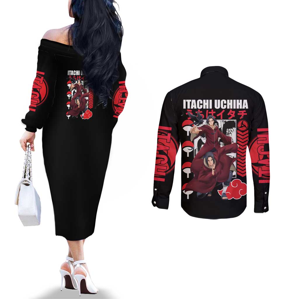 Uchiha Itachi V2 Naruto Couples Matching Off The Shoulder Long Sleeve Dress and Long Sleeve Button Shirt Anime Style - The Mazicc