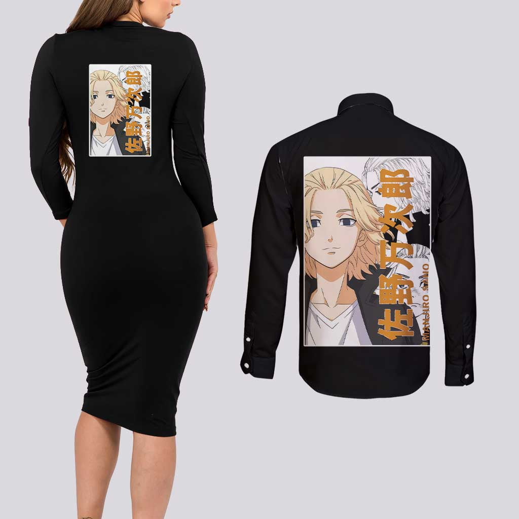 Mikey Sano Manjiro Tokyo Revengers Couples Matching Long Sleeve Bodycon Dress and Long Sleeve Button Shirt Anime Style