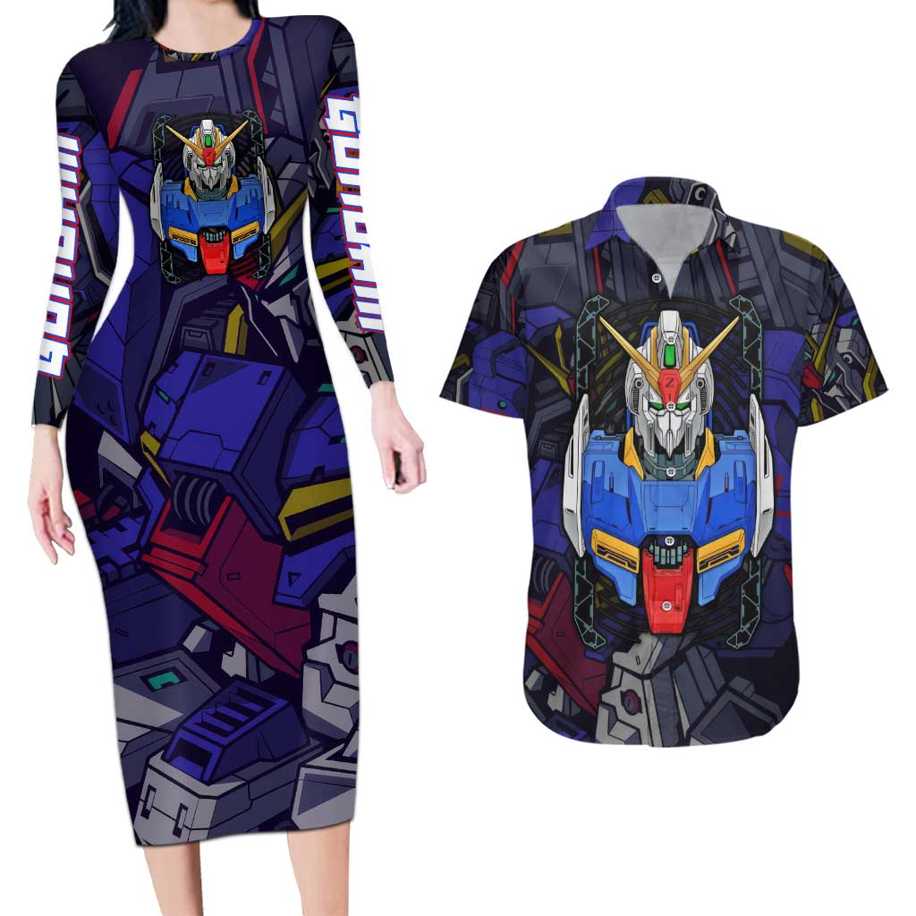 Abstract Gundam Couples Matching Long Sleeve Bodycon Dress and Hawaiian Shirt Anime Mix Abstract Background Style