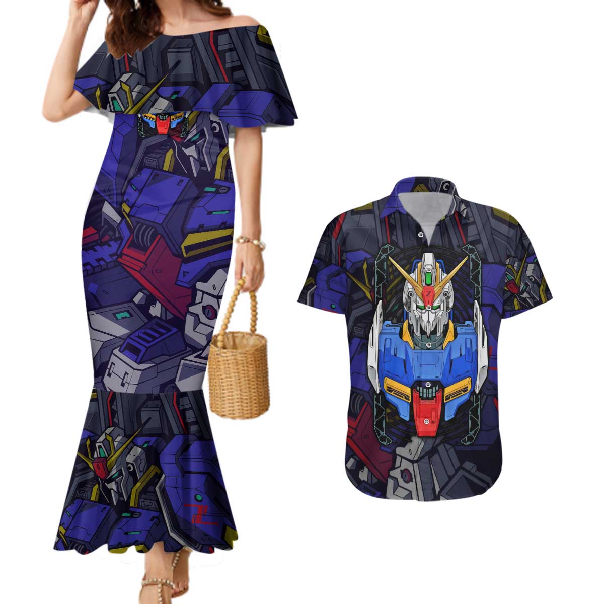Abstract Gundam Couples Matching Mermaid Dress and Hawaiian Shirt Anime Mix Abstract Background Style