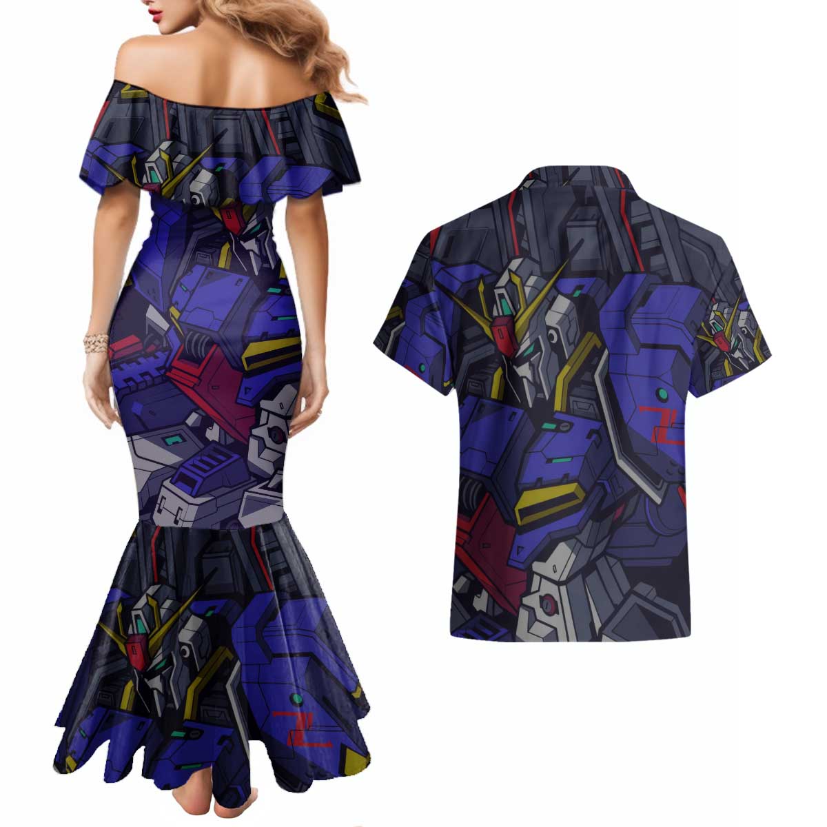 Abstract Gundam Couples Matching Mermaid Dress and Hawaiian Shirt Anime Mix Abstract Background Style