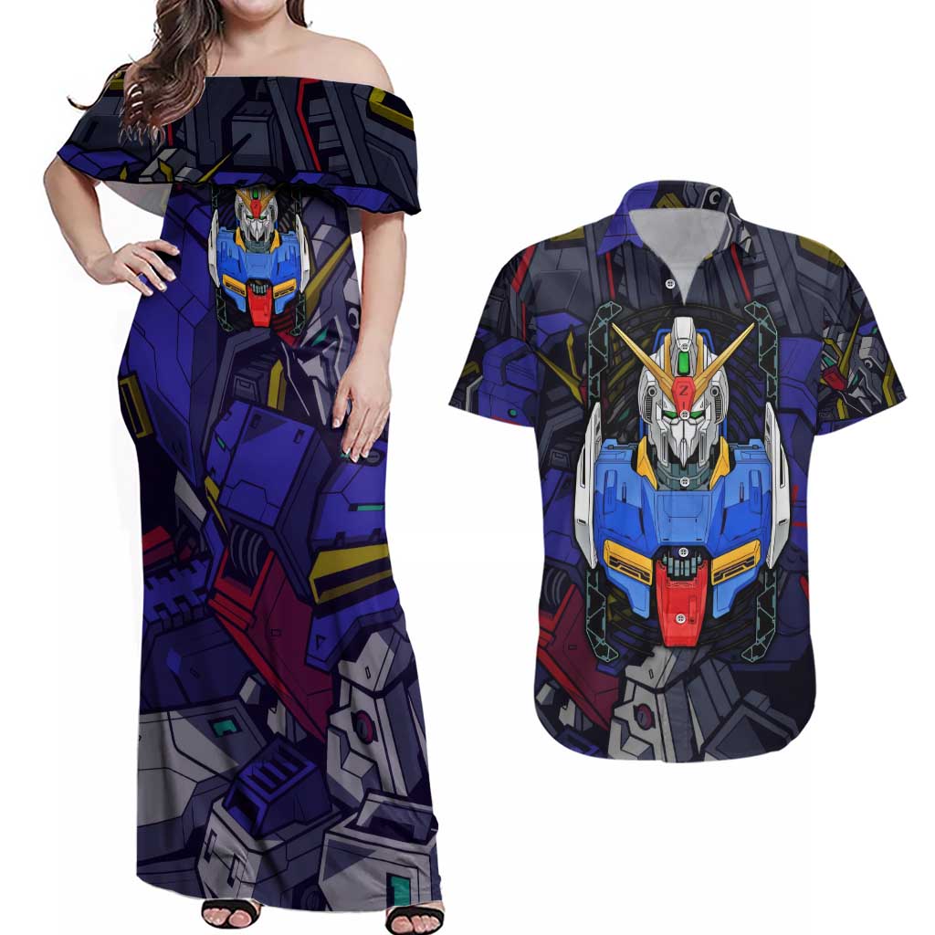 Abstract Gundam Couples Matching Off Shoulder Maxi Dress and Hawaiian Shirt Anime Mix Abstract Background Style