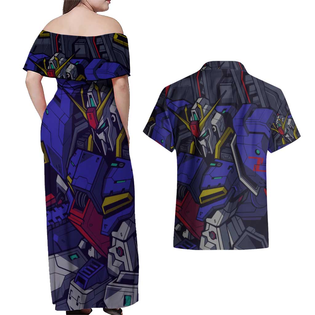 Abstract Gundam Couples Matching Off Shoulder Maxi Dress and Hawaiian Shirt Anime Mix Abstract Background Style