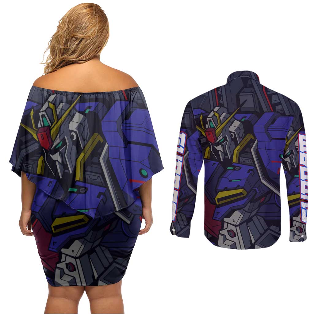 Abstract Gundam Couples Matching Off Shoulder Short Dress and Long Sleeve Button Shirt Anime Mix Abstract Background Style