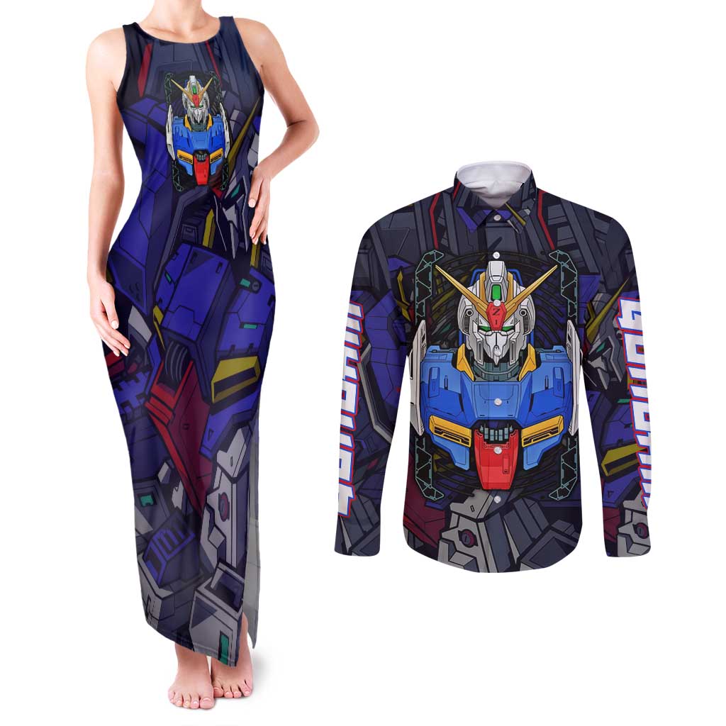Abstract Gundam Couples Matching Tank Maxi Dress and Long Sleeve Button Shirt Anime Mix Abstract Background Style