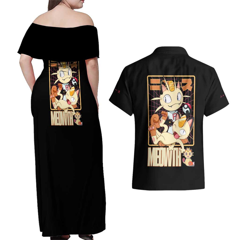 Meowth Poke Couples Matching Off Shoulder Maxi Dress and Hawaiian Shirt Anime Style