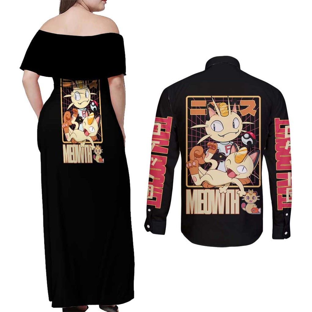 Meowth Poke Couples Matching Off Shoulder Maxi Dress and Long Sleeve Button Shirt Anime Style