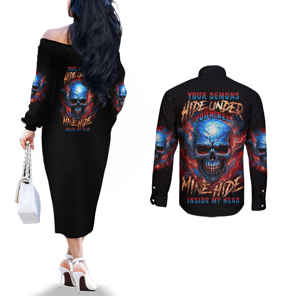 your-demons-hide-under-your-bed-skull-couples-matching-off-the-shoulder-long-sleeve-dress-and-long-sleeve-button-shirt