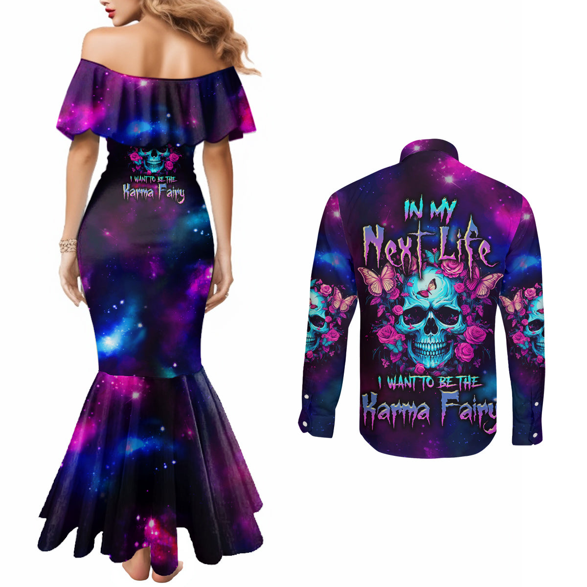 karma-fairy-skull-galaxy-couples-matching-mermaid-dress-and-long-sleeve-button-shirt