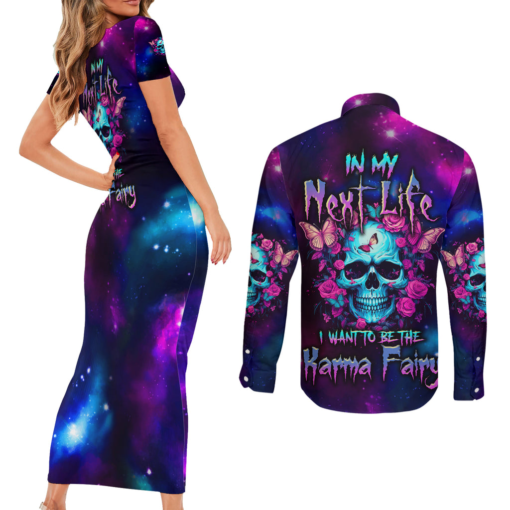 karma-fairy-skull-galaxy-couples-matching-short-sleeve-bodycon-dress-and-long-sleeve-button-shirt