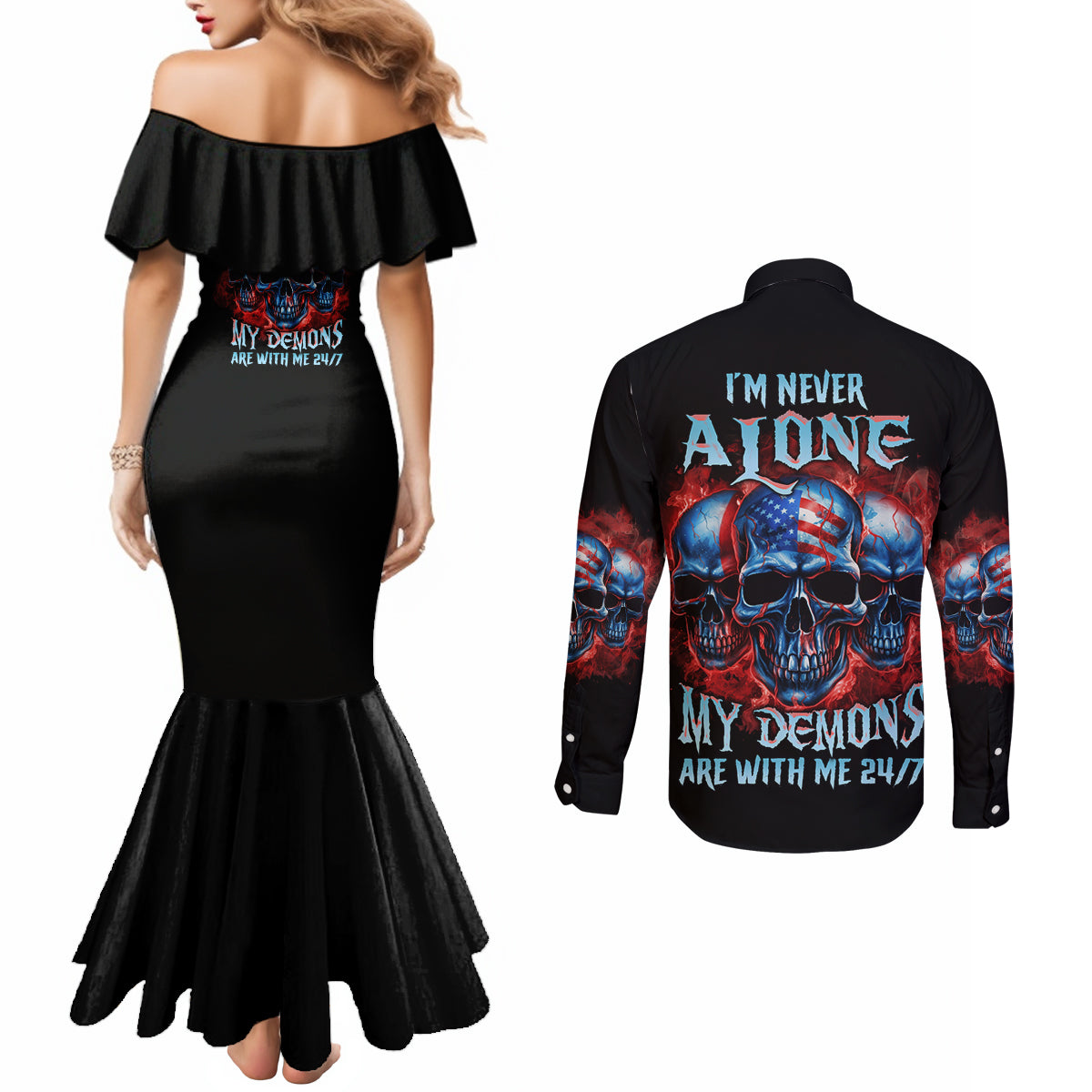 im-never-alone-my-demons-are-with-me-247-couples-matching-mermaid-dress-and-long-sleeve-button-shirt
