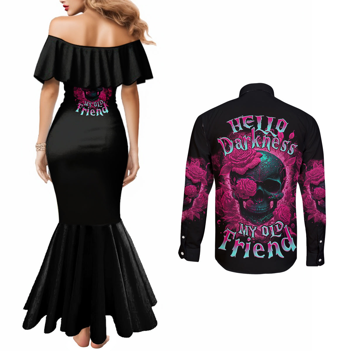 hello-darkness-my-old-friend-couples-matching-mermaid-dress-and-long-sleeve-button-shirt