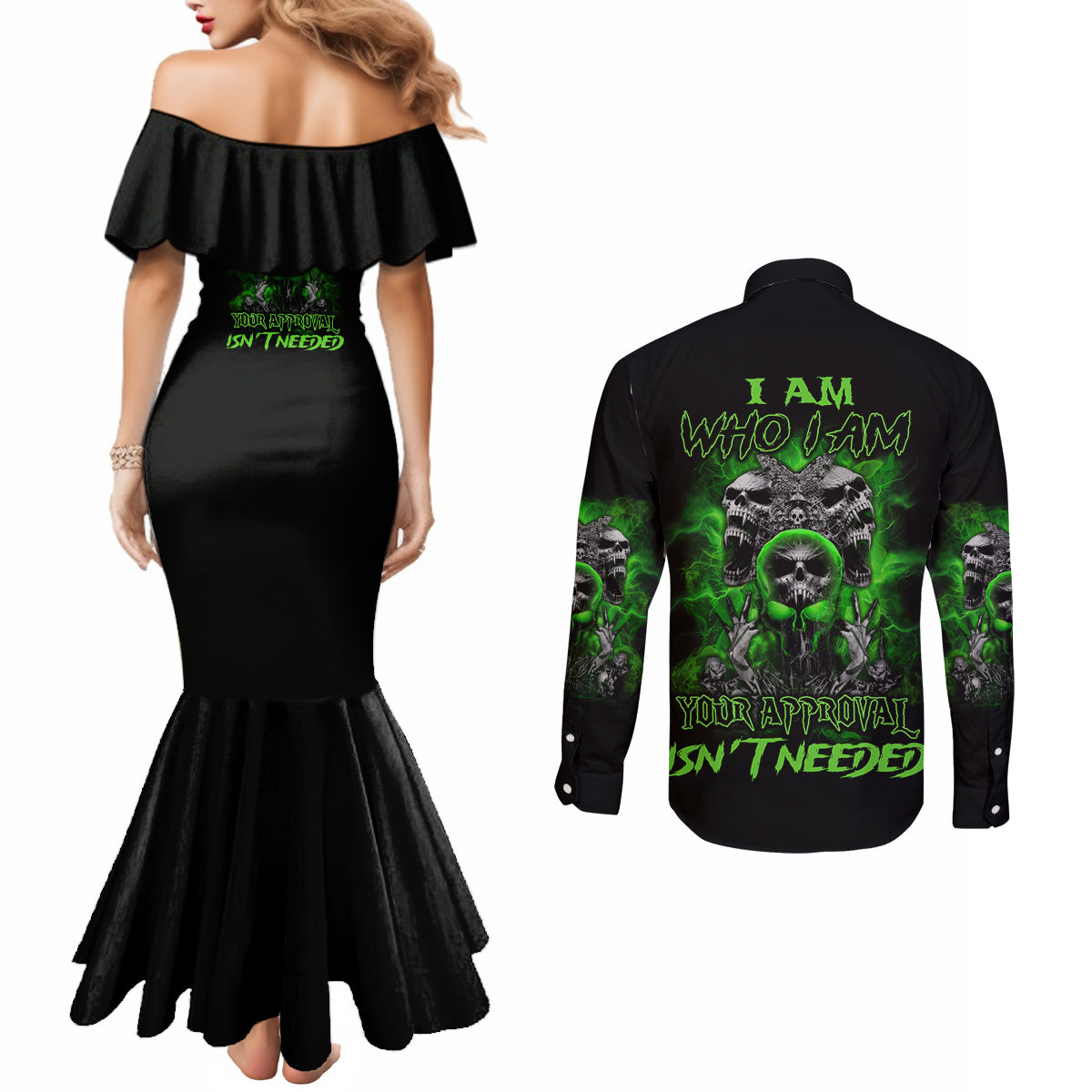 i-am-who-i-am-skull-couples-matching-mermaid-dress-and-long-sleeve-button-shirt