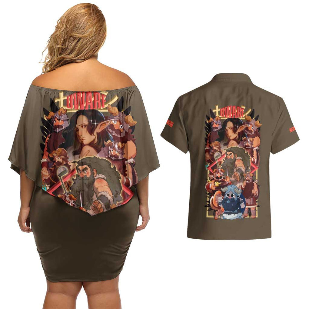 Senshi Delicious in Dungeon Couples Matching Off Shoulder Short Dress and Hawaiian Shirt Japan Anime Style