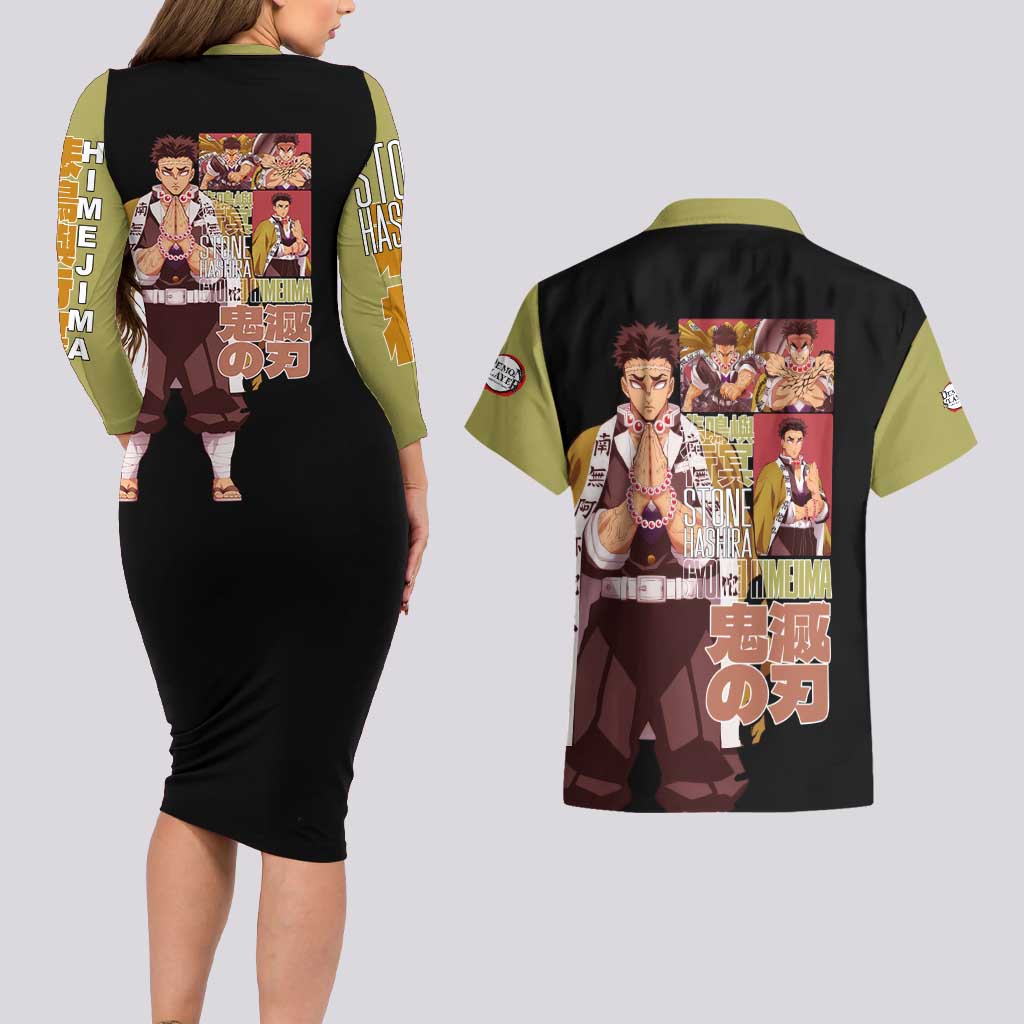 Gyomei Himejima V2 Demon Slayer S Couples Matching Long Sleeve Bodycon Dress and Hawaiian Shirt Japan Anime Style - The Mazicc