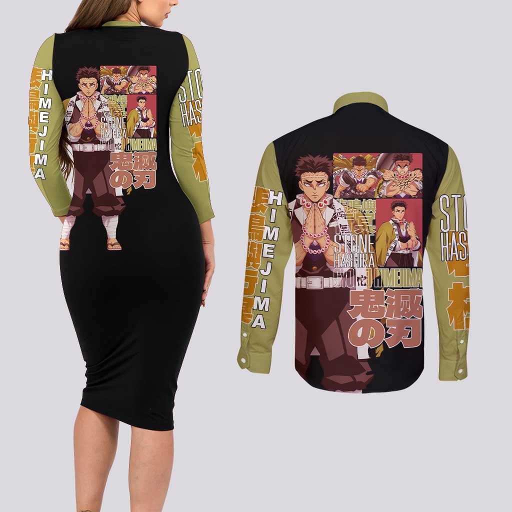 Gyomei Himejima V2 Demon Slayer S Couples Matching Long Sleeve Bodycon Dress and Long Sleeve Button Shirt Japan Anime Style - The Mazicc