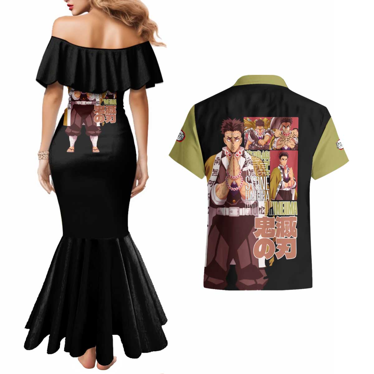 Gyomei Himejima V2 Demon Slayer S Couples Matching Mermaid Dress and Hawaiian Shirt Japan Anime Style - The Mazicc