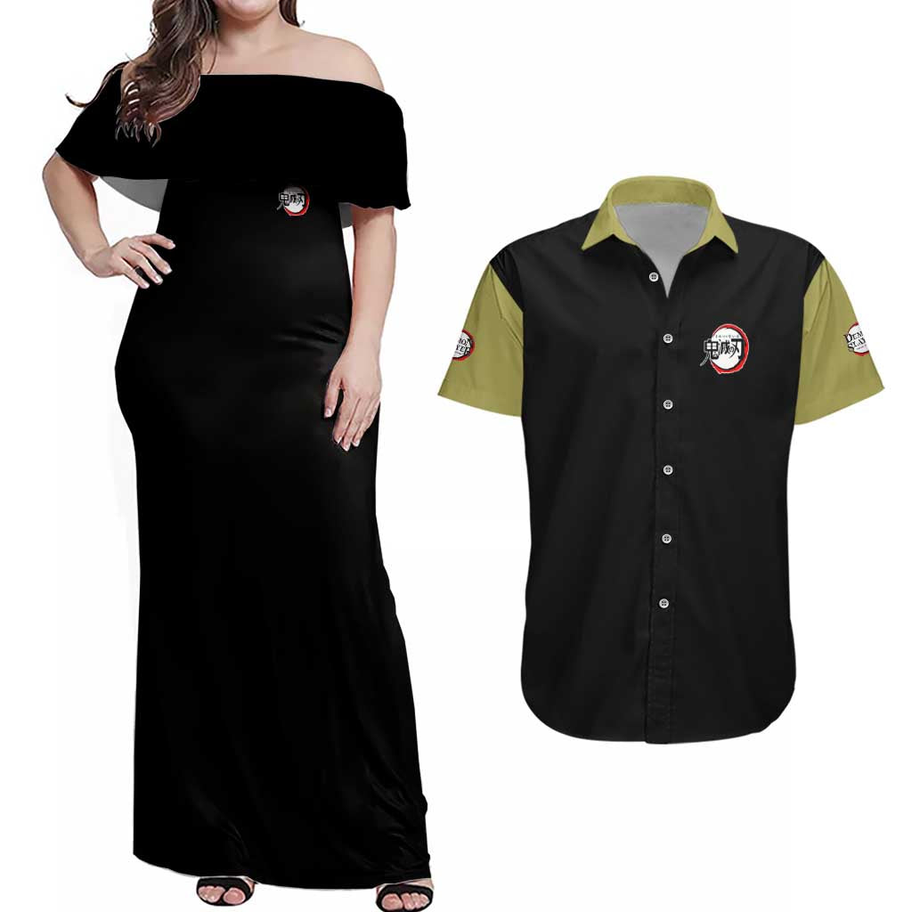 Gyomei Himejima V2 Demon Slayer S Couples Matching Off Shoulder Maxi Dress and Hawaiian Shirt Japan Anime Style - The Mazicc