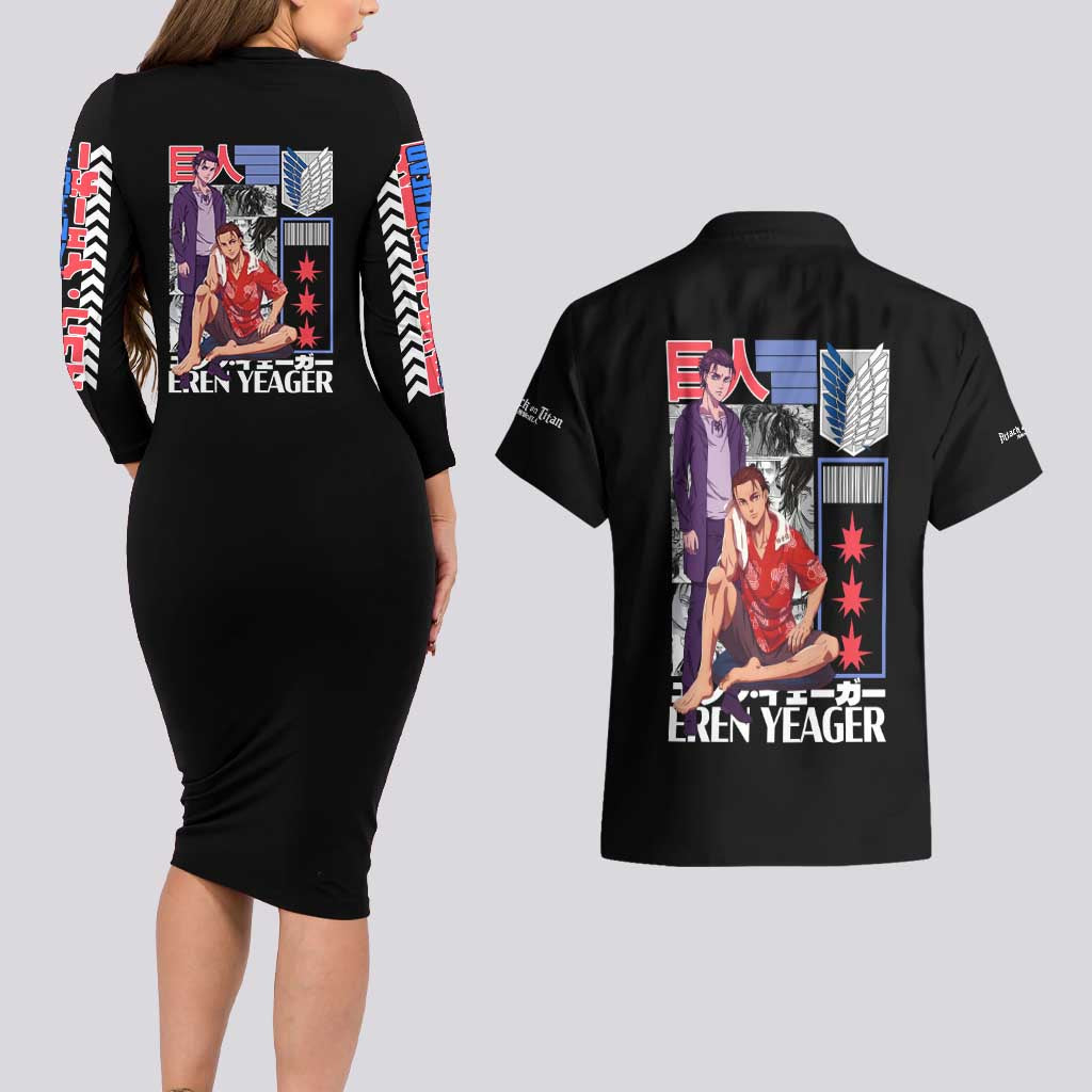 Eren Yeager V2 Attack on Titan Couples Matching Long Sleeve Bodycon Dress and Hawaiian Shirt Japan Anime Style - The Mazicc