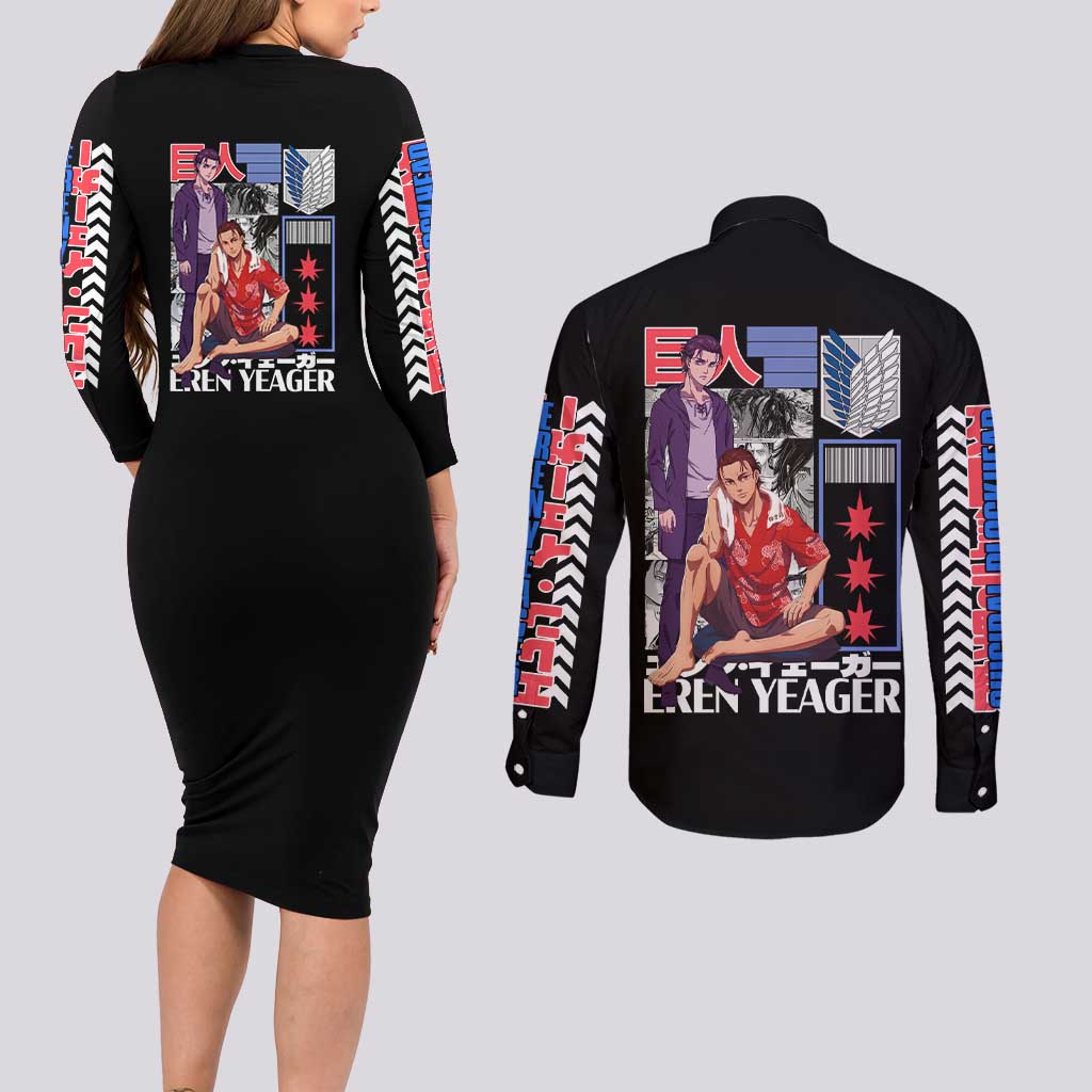 Eren Yeager V2 Attack on Titan Couples Matching Long Sleeve Bodycon Dress and Long Sleeve Button Shirt Japan Anime Style - The Mazicc
