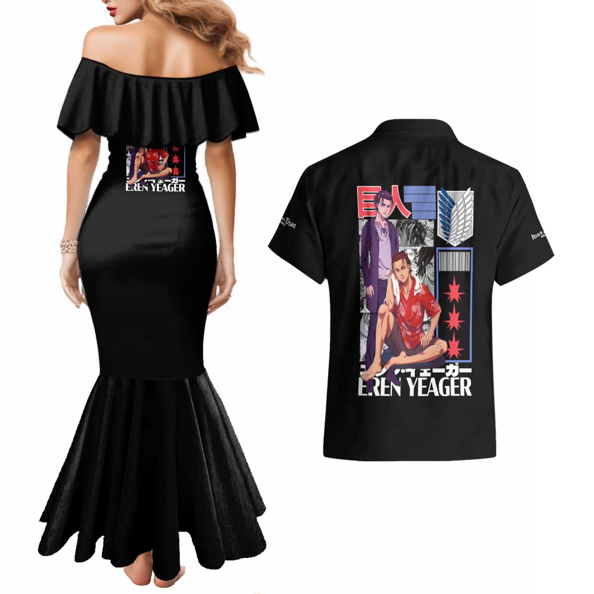 Eren Yeager V2 Attack on Titan Couples Matching Mermaid Dress and Hawaiian Shirt Japan Anime Style - The Mazicc