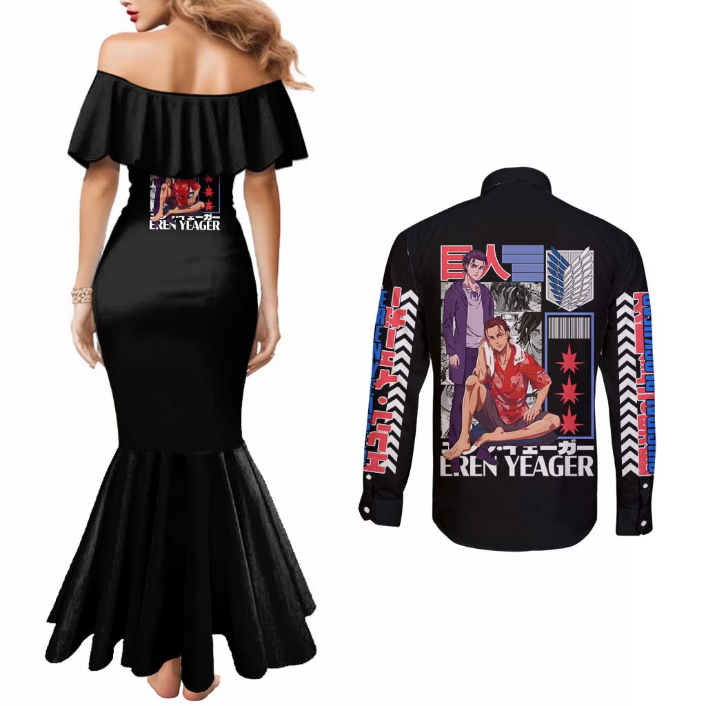 Eren Yeager V2 Attack on Titan Couples Matching Mermaid Dress and Long Sleeve Button Shirt Japan Anime Style - The Mazicc