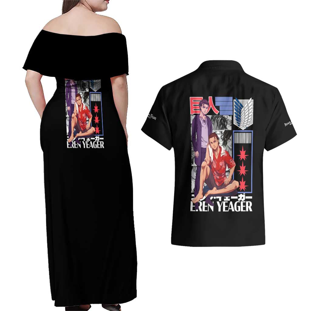 Eren Yeager V2 Attack on Titan Couples Matching Off Shoulder Maxi Dress and Hawaiian Shirt Japan Anime Style - The Mazicc