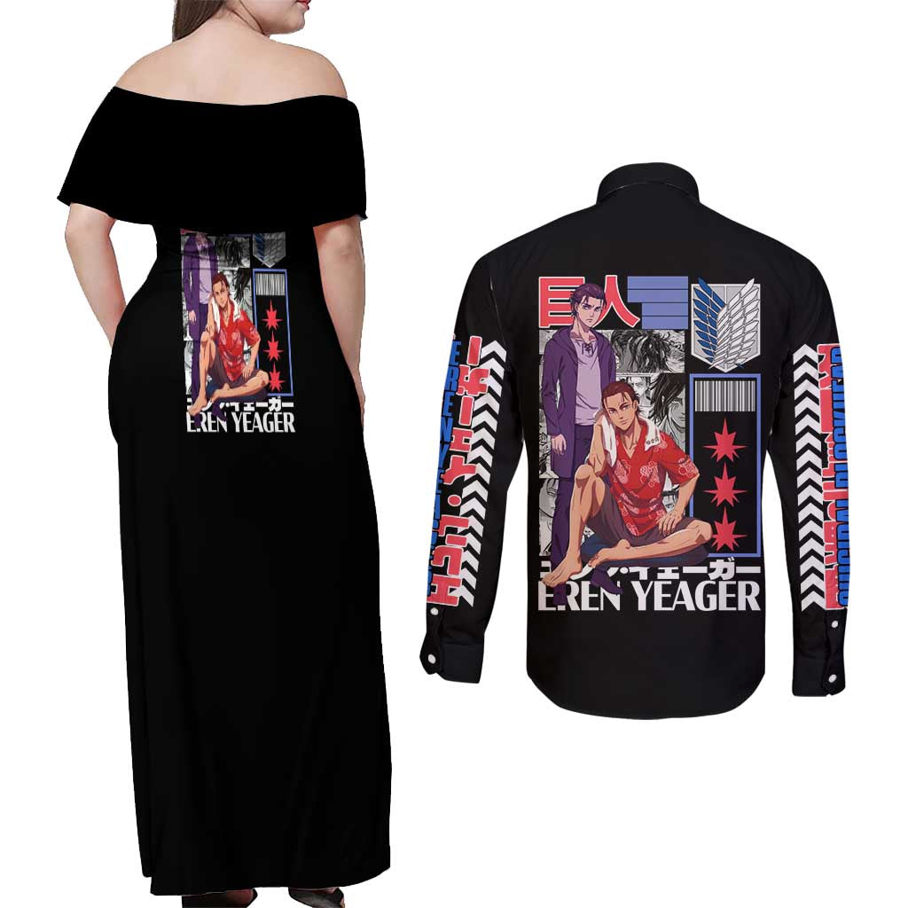 Eren Yeager V2 Attack on Titan Couples Matching Off Shoulder Maxi Dress and Long Sleeve Button Shirt Japan Anime Style - The Mazicc