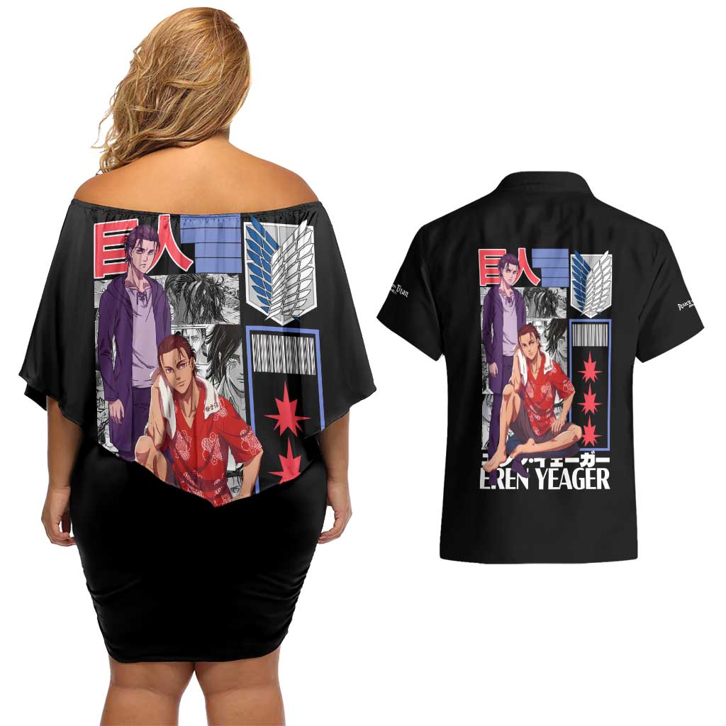Eren Yeager V2 Attack on Titan Couples Matching Off Shoulder Short Dress and Hawaiian Shirt Japan Anime Style - The Mazicc