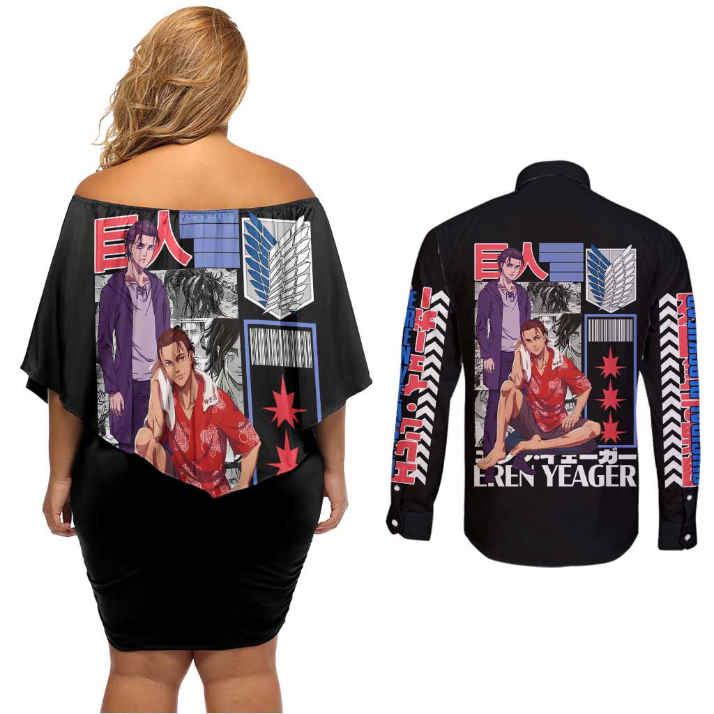 Eren Yeager V2 Attack on Titan Couples Matching Off Shoulder Short Dress and Long Sleeve Button Shirt Japan Anime Style - The Mazicc