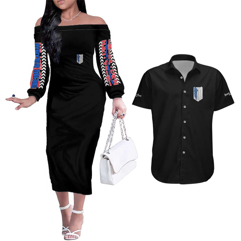 Eren Yeager V2 Attack on Titan Couples Matching Off The Shoulder Long Sleeve Dress and Hawaiian Shirt Japan Anime Style - The Mazicc