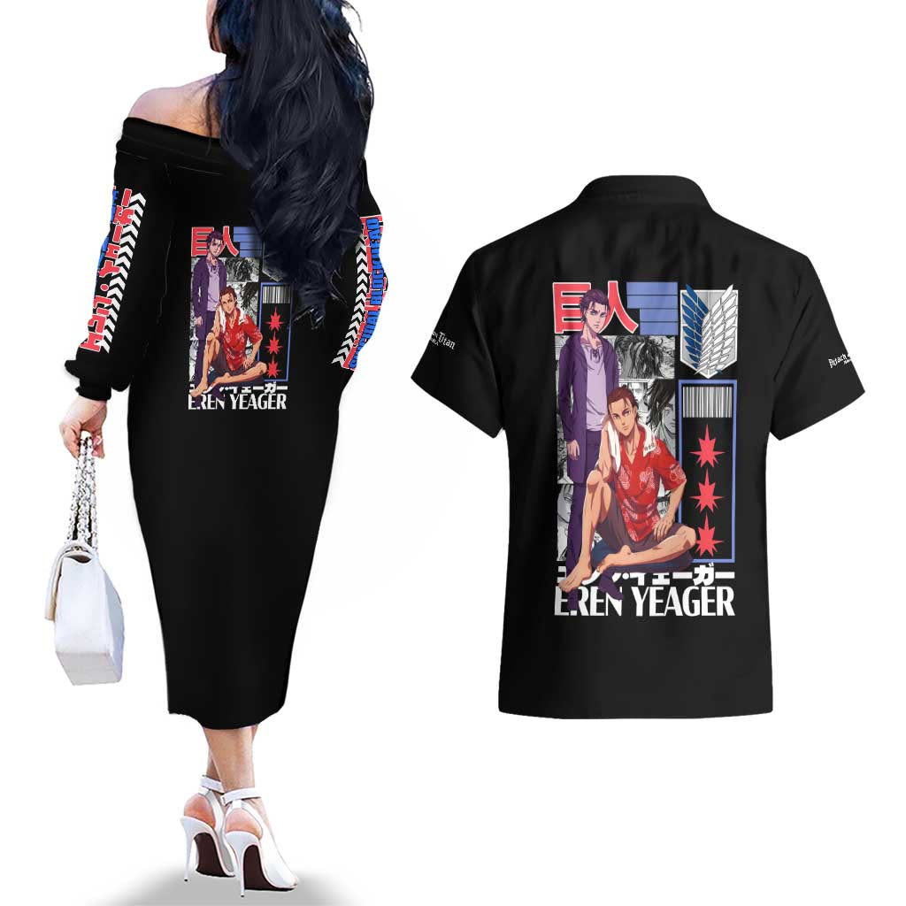 Eren Yeager V2 Attack on Titan Couples Matching Off The Shoulder Long Sleeve Dress and Hawaiian Shirt Japan Anime Style - The Mazicc