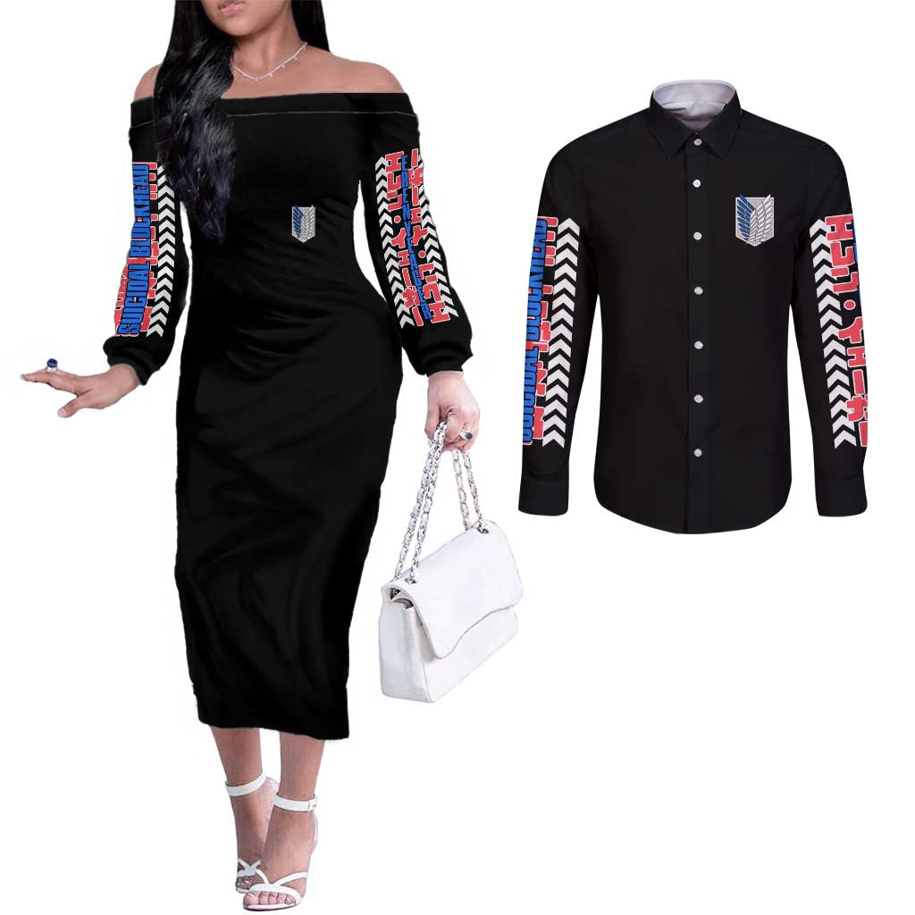 Eren Yeager V2 Attack on Titan Couples Matching Off The Shoulder Long Sleeve Dress and Long Sleeve Button Shirt Japan Anime Style - The Mazicc
