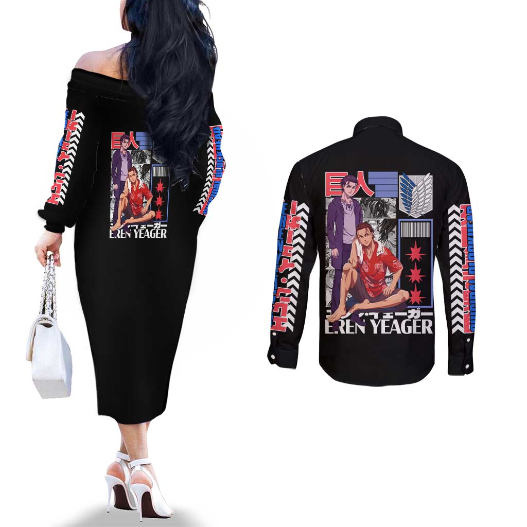 Eren Yeager V2 Attack on Titan Couples Matching Off The Shoulder Long Sleeve Dress and Long Sleeve Button Shirt Japan Anime Style - The Mazicc