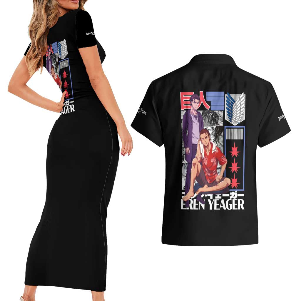 Eren Yeager V2 Attack on Titan Couples Matching Short Sleeve Bodycon Dress and Hawaiian Shirt Japan Anime Style - The Mazicc