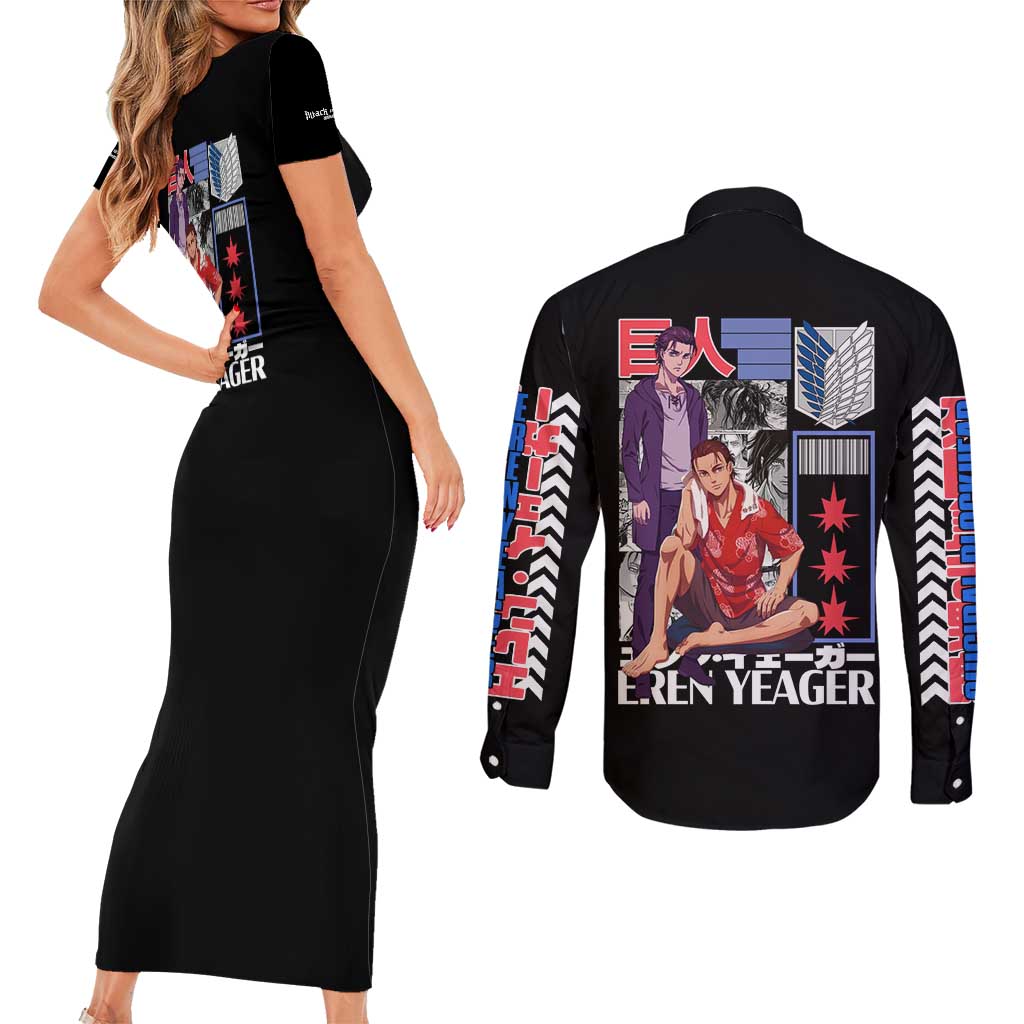 Eren Yeager V2 Attack on Titan Couples Matching Short Sleeve Bodycon Dress and Long Sleeve Button Shirt Japan Anime Style - The Mazicc