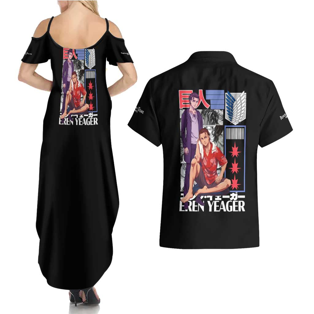 Eren Yeager V2 Attack on Titan Couples Matching Summer Maxi Dress and Hawaiian Shirt Japan Anime Style - The Mazicc