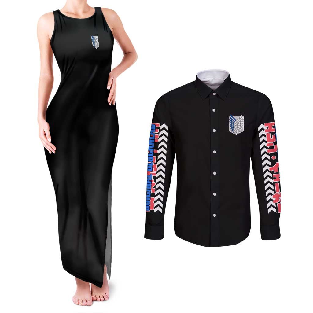Eren Yeager V2 Attack on Titan Couples Matching Tank Maxi Dress and Long Sleeve Button Shirt Japan Anime Style - The Mazicc