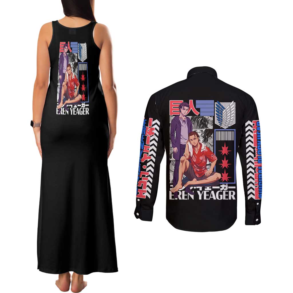 Eren Yeager V2 Attack on Titan Couples Matching Tank Maxi Dress and Long Sleeve Button Shirt Japan Anime Style - The Mazicc