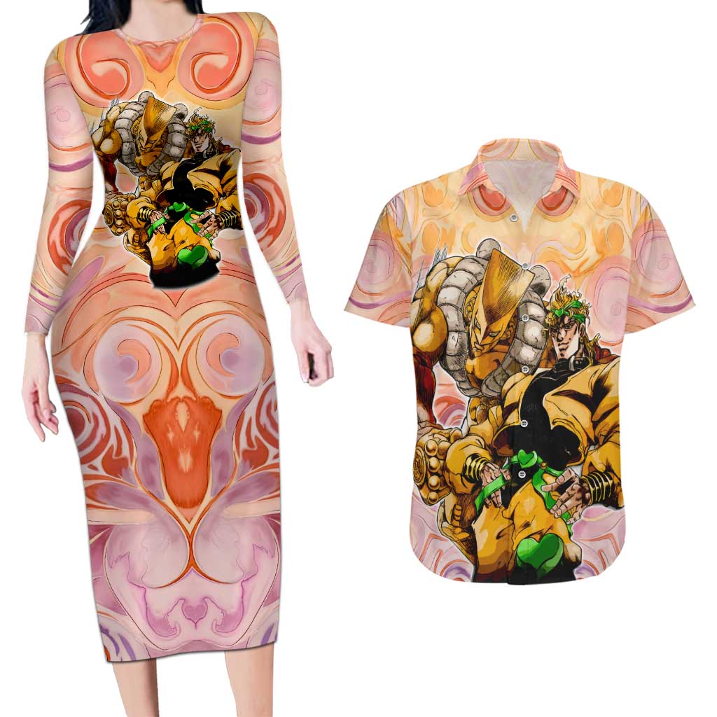 Trippy Dio V2 Jojo’s Bizarre Adventure Couples Matching Long Sleeve Bodycon Dress and Hawaiian Shirt Trippy Mix Anime Style - The Mazicc
