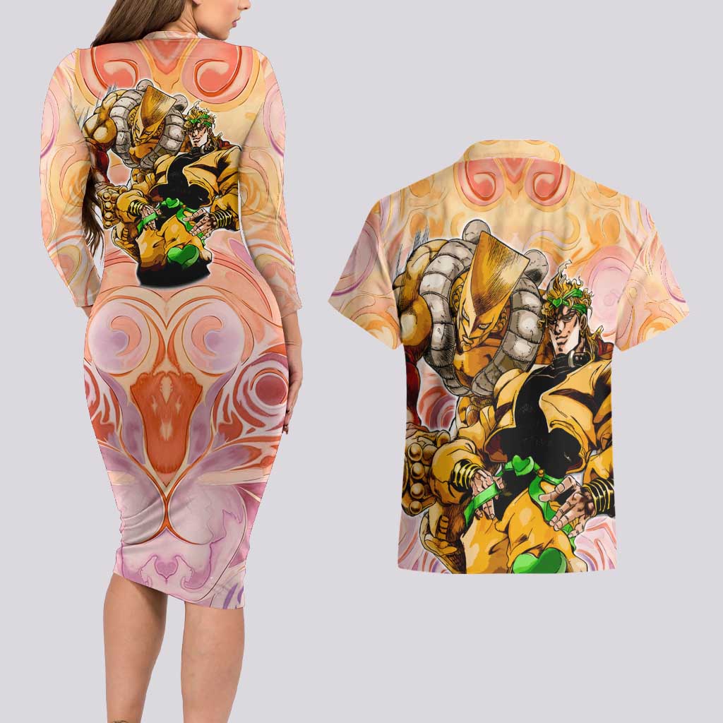 Trippy Dio V2 Jojo’s Bizarre Adventure Couples Matching Long Sleeve Bodycon Dress and Hawaiian Shirt Trippy Mix Anime Style - The Mazicc