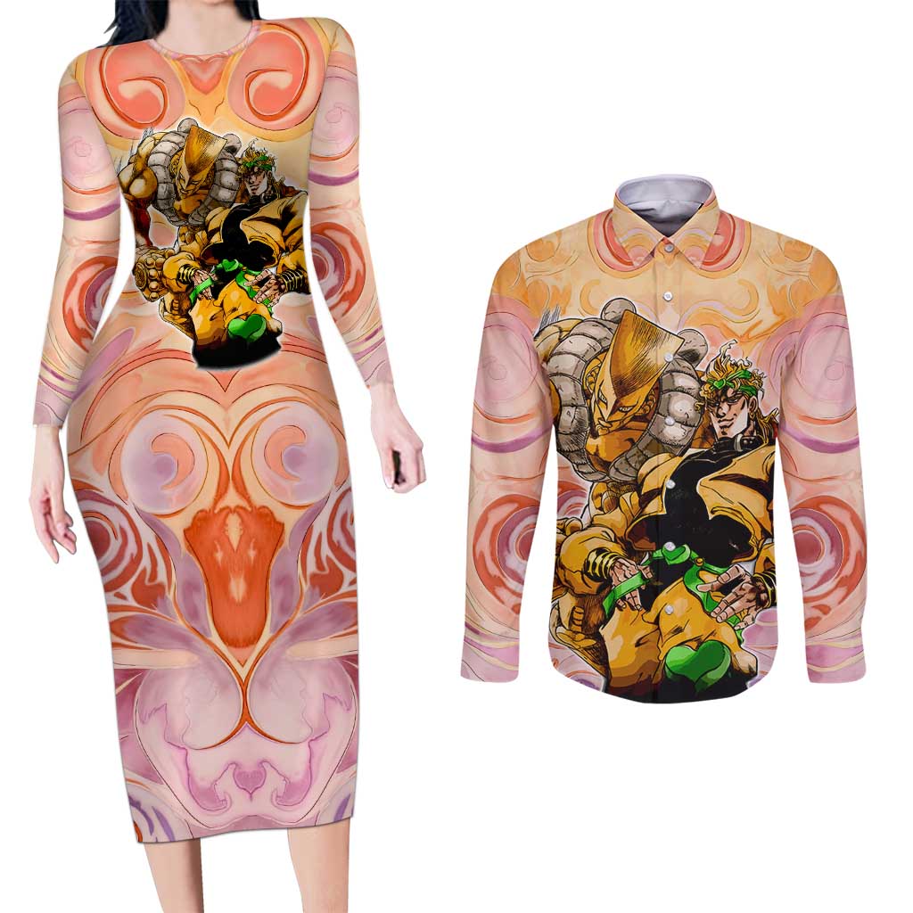 Trippy Dio V2 Jojo’s Bizarre Adventure Couples Matching Long Sleeve Bodycon Dress and Long Sleeve Button Shirt Trippy Mix Anime Style - The Mazicc