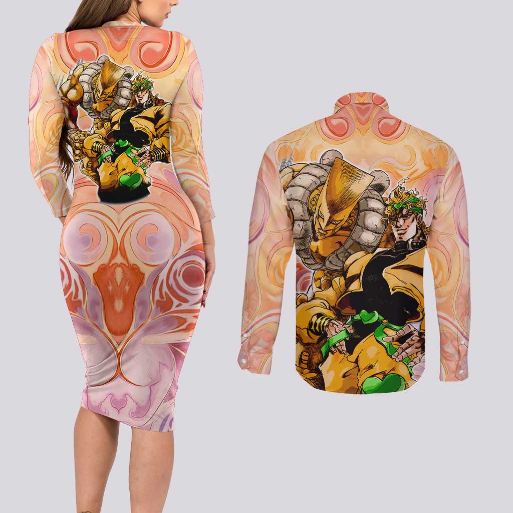 Trippy Dio V2 Jojo’s Bizarre Adventure Couples Matching Long Sleeve Bodycon Dress and Long Sleeve Button Shirt Trippy Mix Anime Style - The Mazicc