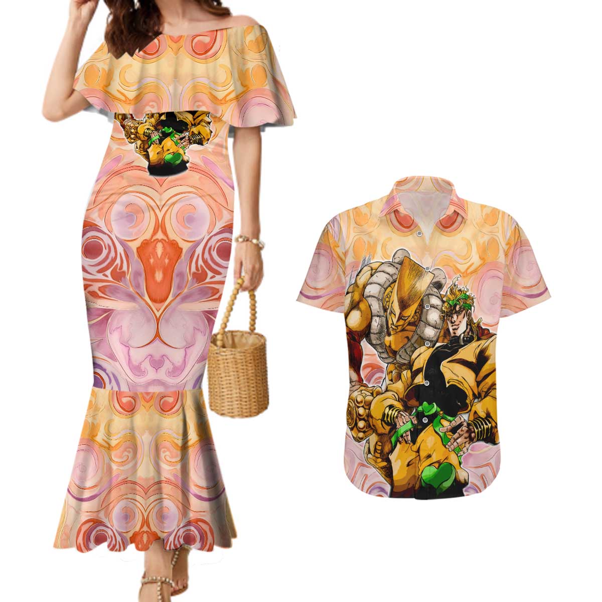 Trippy Dio V2 Jojo’s Bizarre Adventure Couples Matching Mermaid Dress and Hawaiian Shirt Trippy Mix Anime Style - The Mazicc