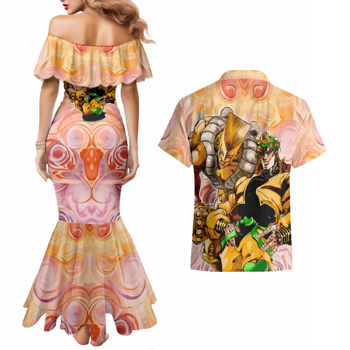 Trippy Dio V2 Jojo’s Bizarre Adventure Couples Matching Mermaid Dress and Hawaiian Shirt Trippy Mix Anime Style - The Mazicc