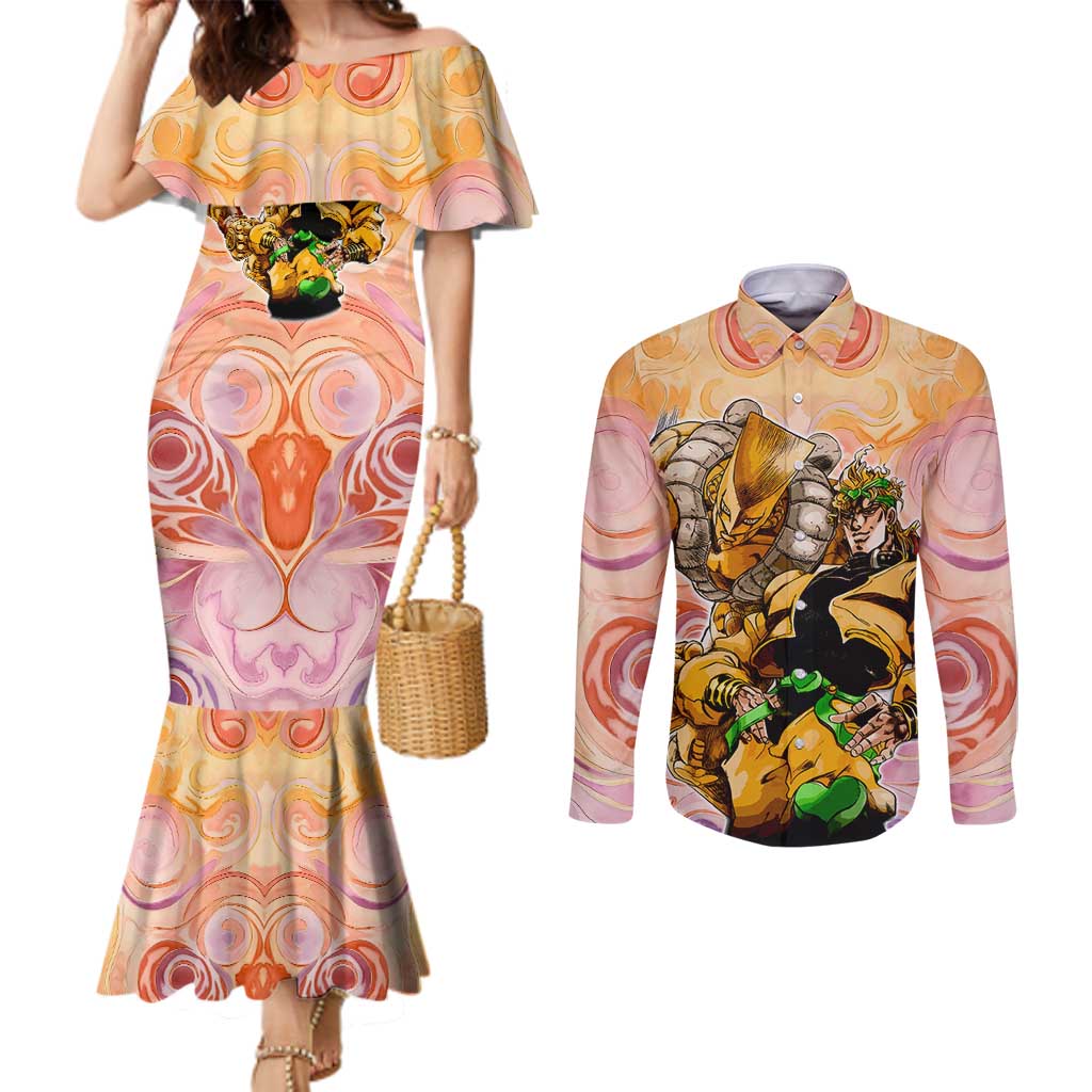 Trippy Dio V2 Jojo’s Bizarre Adventure Couples Matching Mermaid Dress and Long Sleeve Button Shirt Trippy Mix Anime Style - The Mazicc
